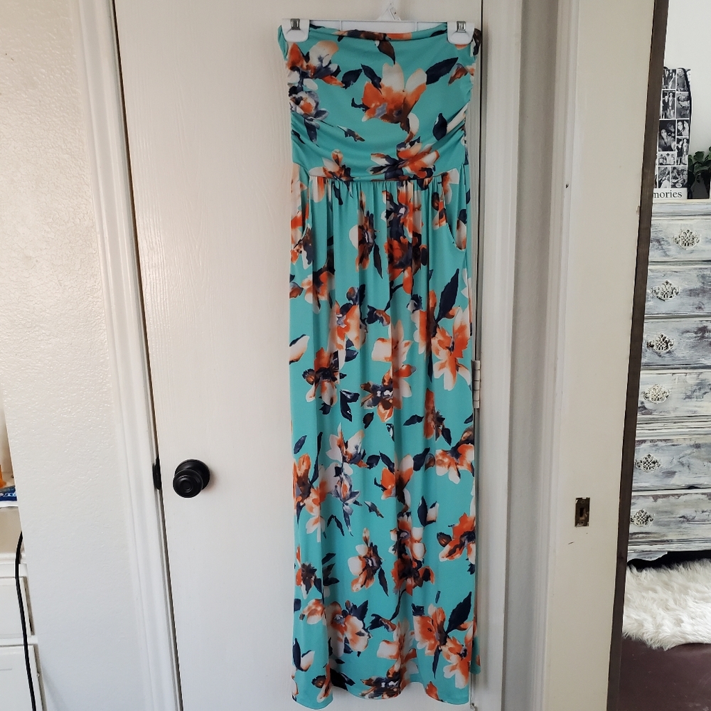 Small Village Bay Maxi Dress Turquoise With Flowers